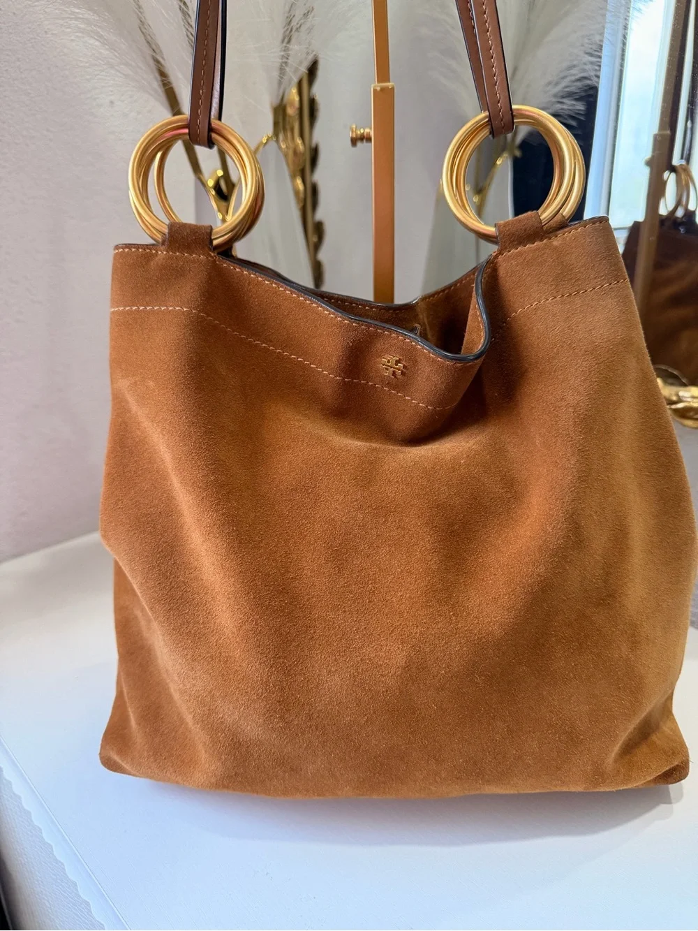 Tory Burch Brown Suede Shoulder Bag with Gold Ring Hardware